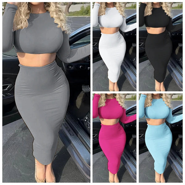 Natalia Long-Sleeve Crop Top and Midi Skirt Set