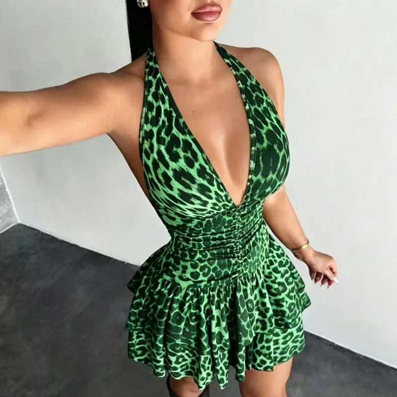 Yesenia Leopard Halter Plunge Ruffle Mini Dress
