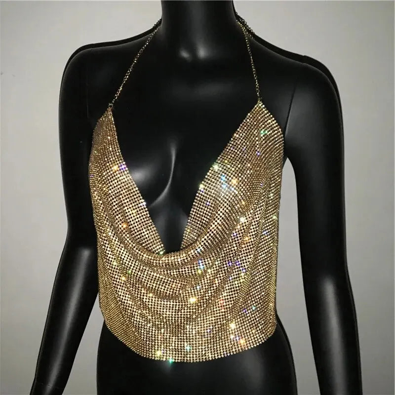Bronislava Rhinestone Draped Halter Crop Top One-piece Main image