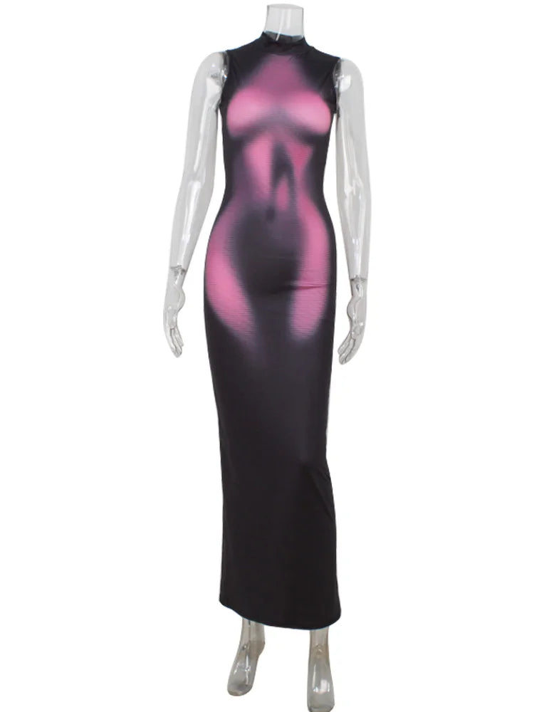 Annunziata Abstract Print Turtleneck Sleeveless Bodycon Maxi Dress