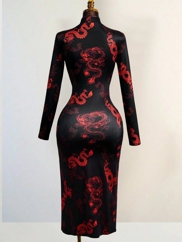 Lian Dragon-Print Keyhole Qipao Maxi Dress