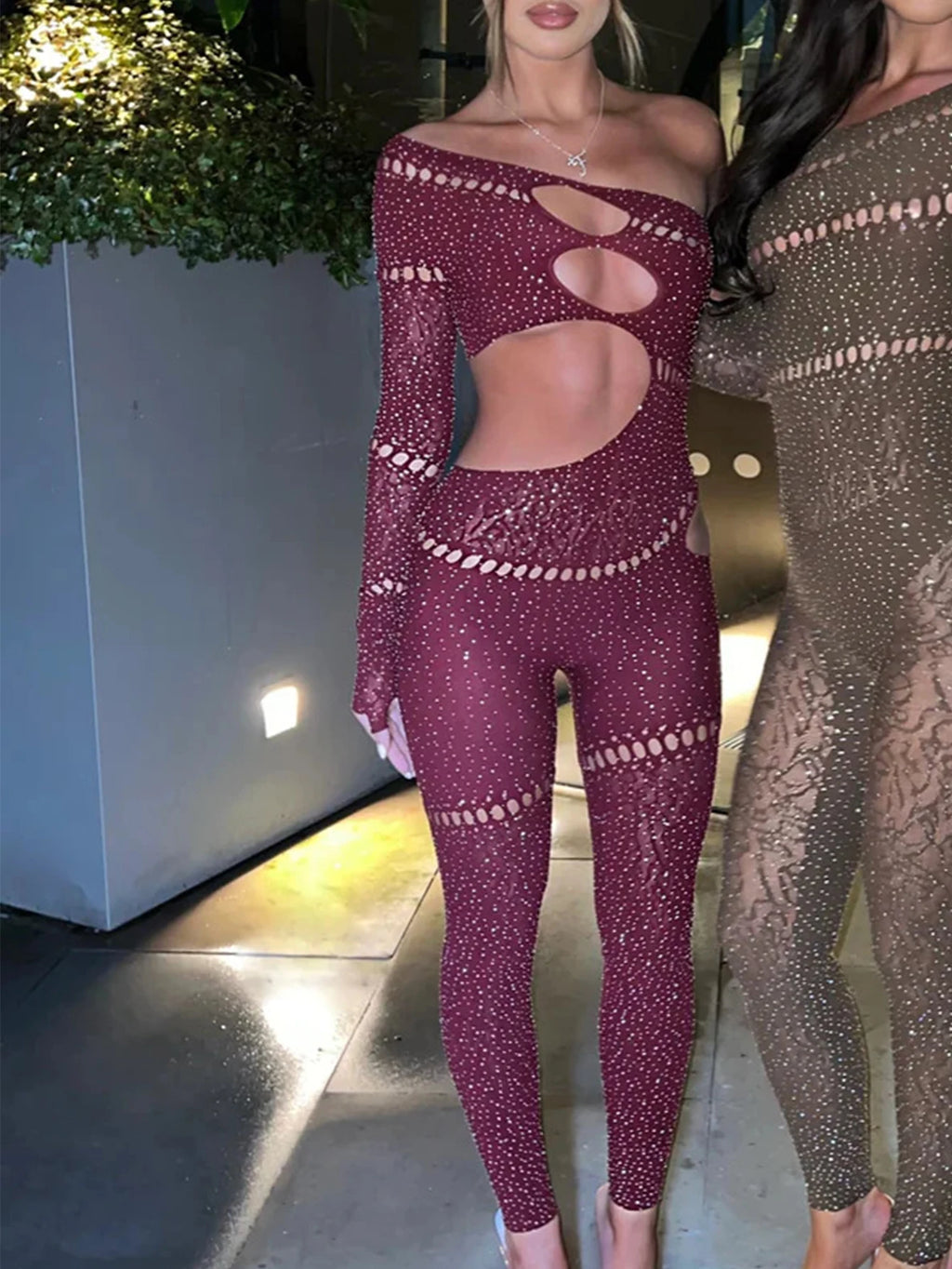 Domenica Rhinestone Hollow-Out Long-Sleeve Bodycon Jumpsuit One-piece