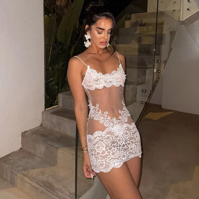 Verbena Sheer Lace Appliqué Mesh Cami Bodycon Mini Dress