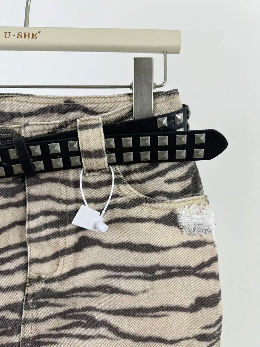 Henrike Zebra Print Distressed Denim A-Line Mini Skirt One-piece