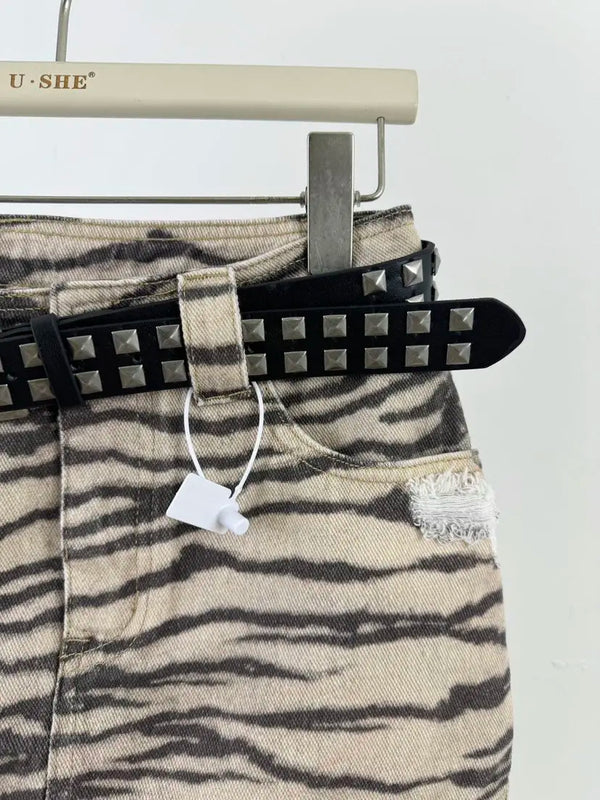 Henrike Zebra Print Distressed Denim A-Line Mini Skirt One-piece