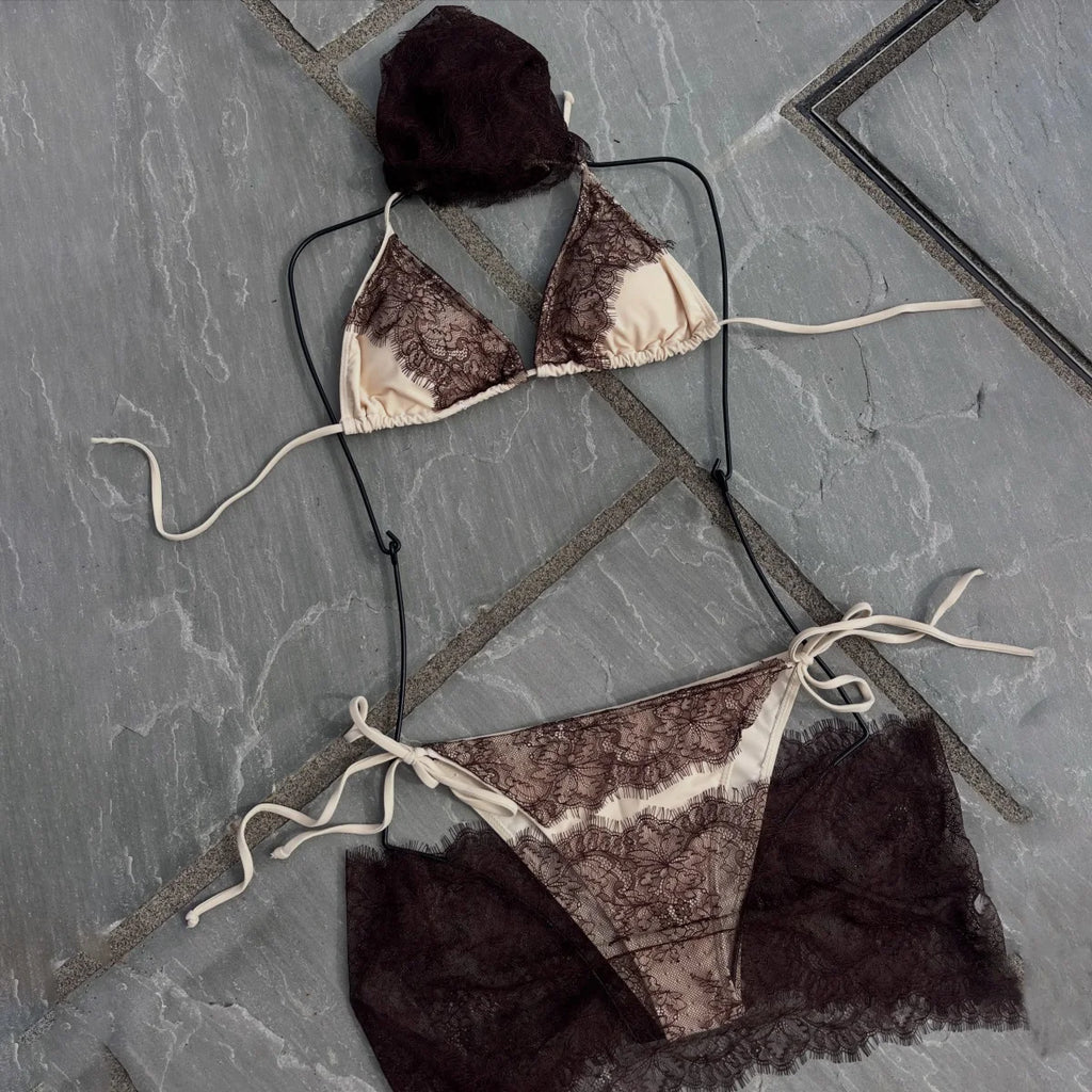 Henrika Lace Triangle Micro Bikini & Sarong Three-piece