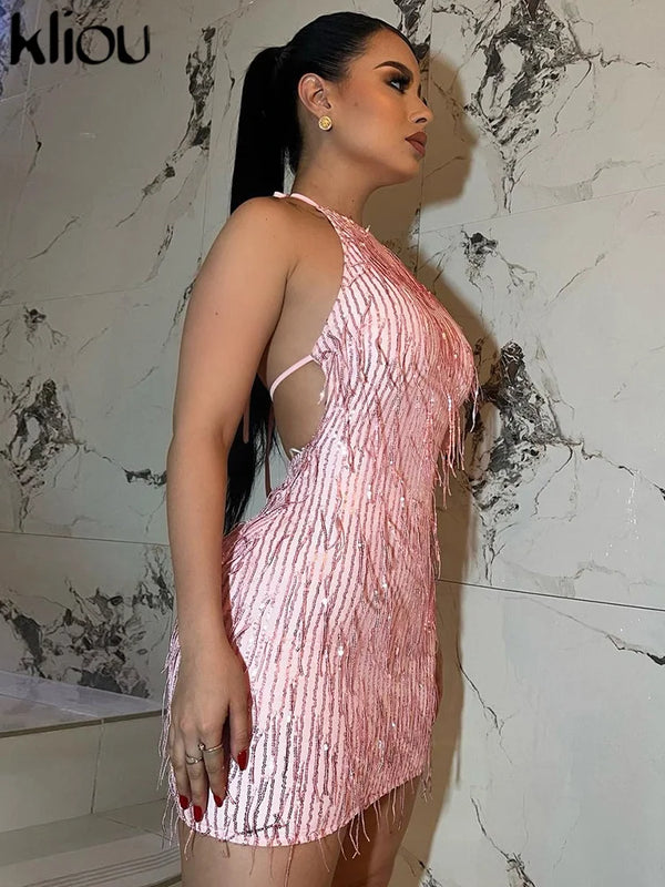 Mireya Shimmer Fringe Halter Mini Dress