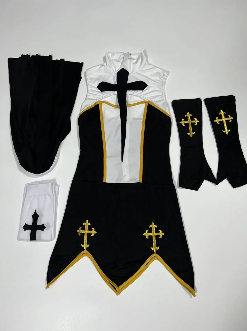 Benedetta Nun Cosplay Costume Set with Headpiece, Gloves & Stockings