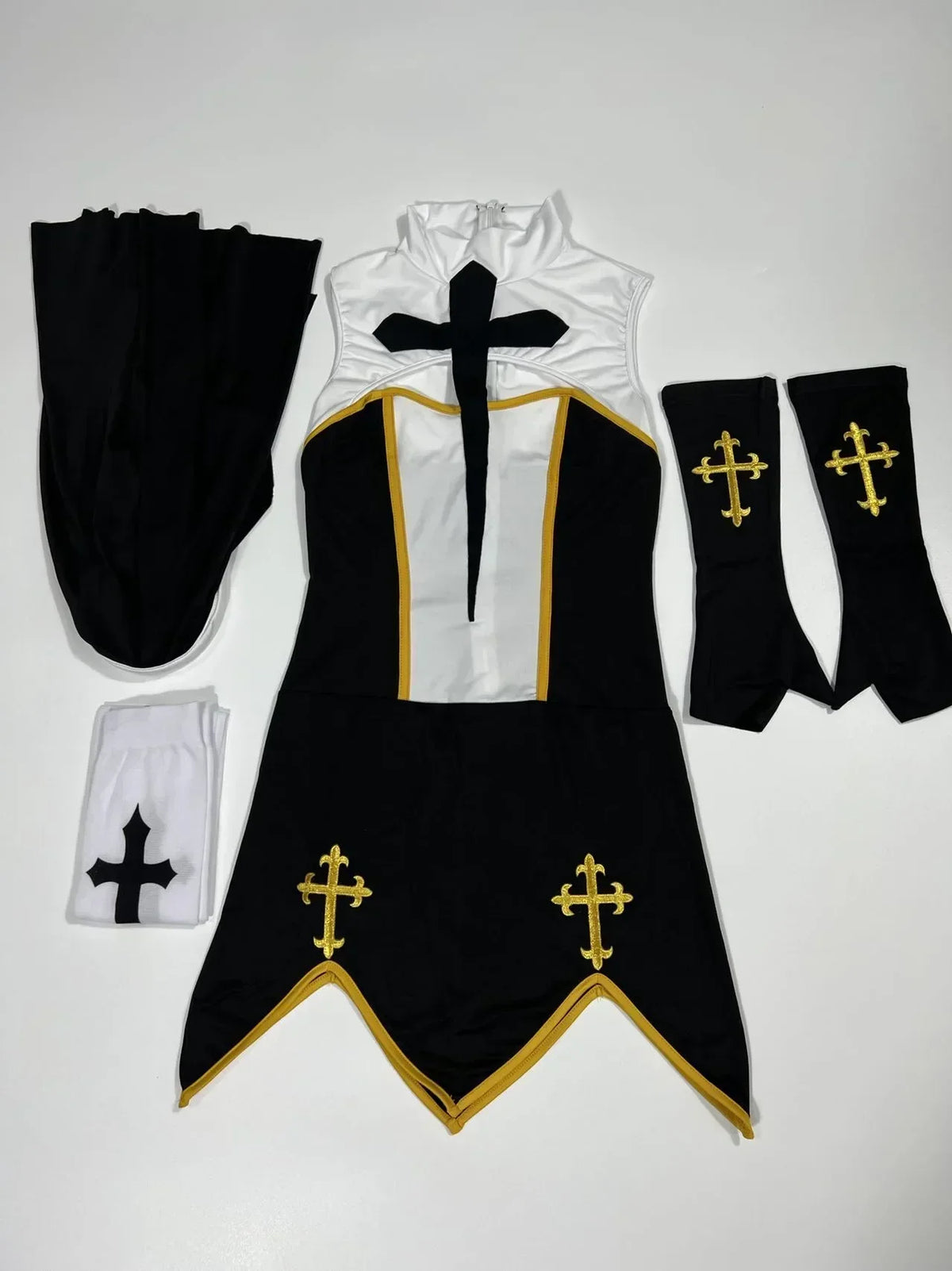 Benedetta Nun Cosplay Costume Set with Headpiece, Gloves & Stockings