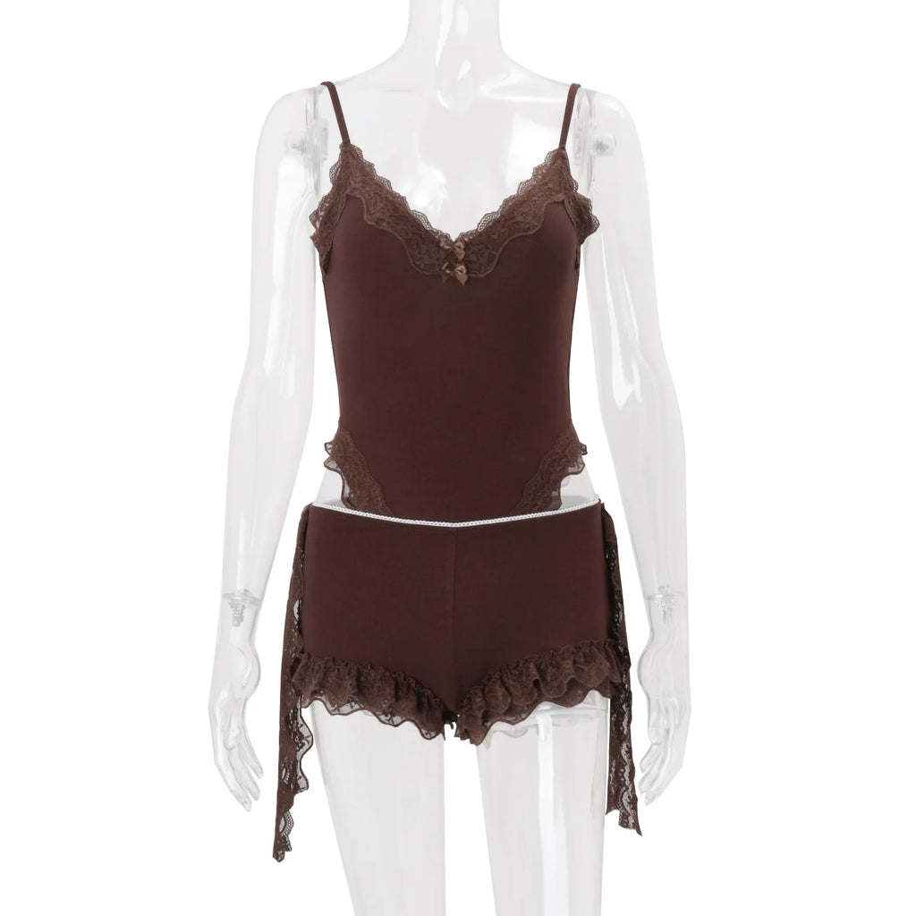 Talia Lace-Trim Bodysuit & Shorts Set Two-piece