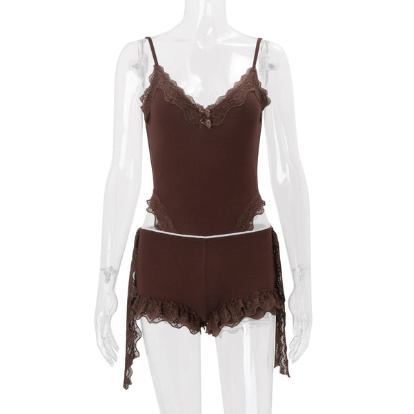 Talia Lace-Trim Bodysuit & Shorts Set Two-piece