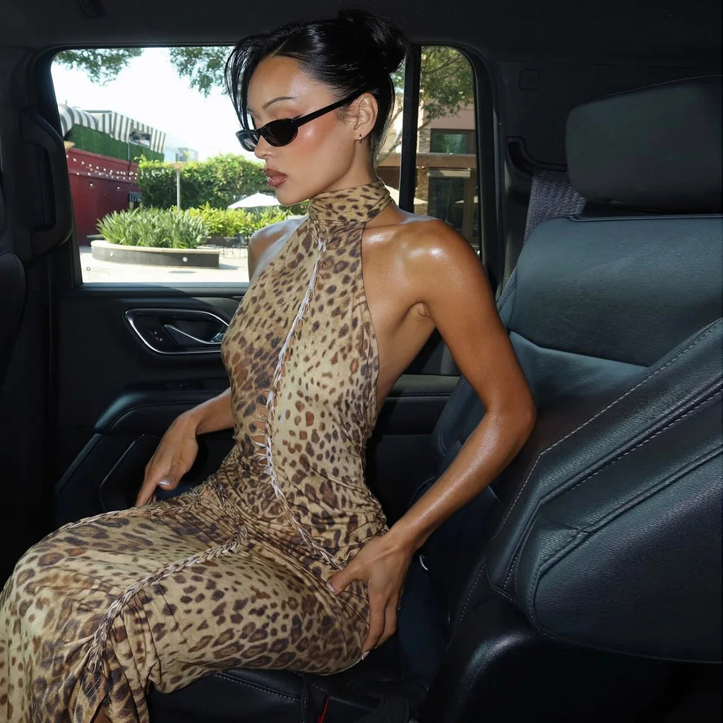Leopoldine Leopard Print Halter Backless Bodycon Maxi Dress