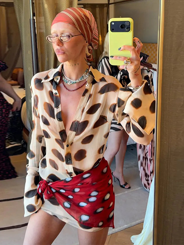 2026 Women Chic Vacation Outfits Fashion Leopard Print Sheer Chiffon Shirt Casual Turn-down Collar Mini Dress & Detachable Scarf