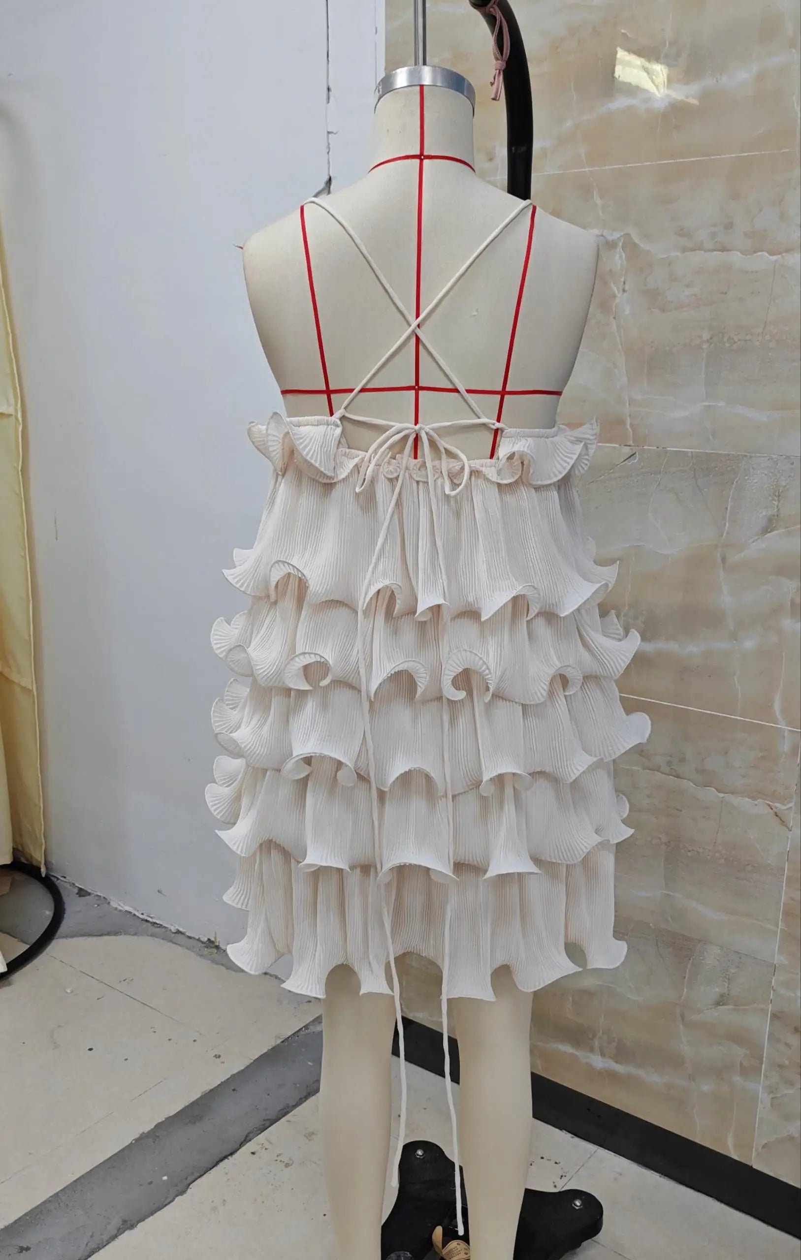 hirigin Women Summer Sleeveless Spaghetti Strap Dress Solid Color Chiffon Tiered Ruffled Mini Party Dress Vacation Streetwear