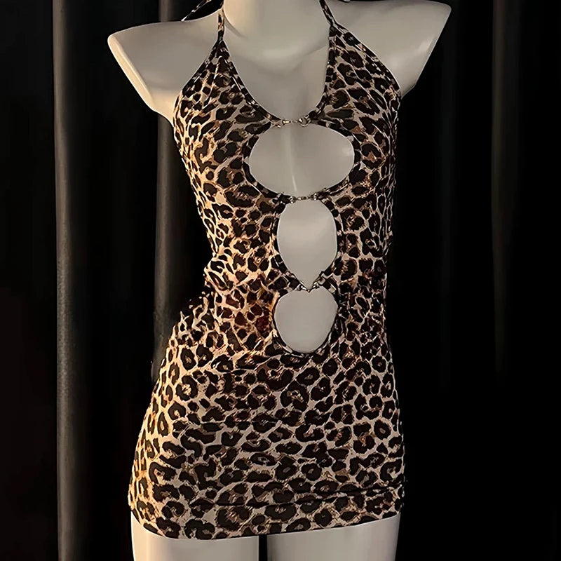 Saskia Leopard Halter Keyhole-Cutout Backless Lingerie Mini Dress