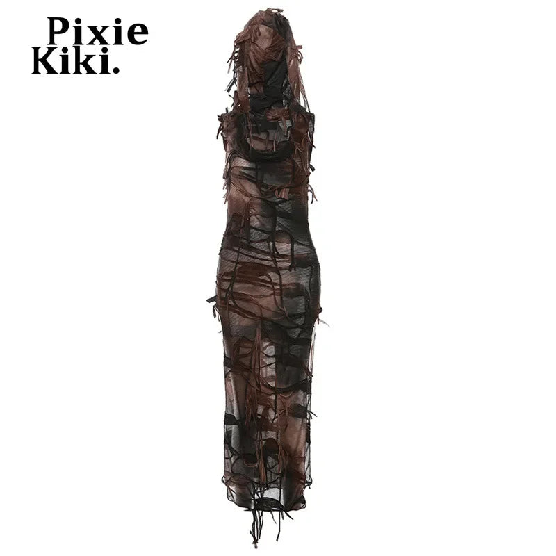 PixieKiki Brown Tie Dye Hooded High Split Long Dresses Trashy Y2k Clothing Street Style Distressed Tassel Dress P94-DZ27