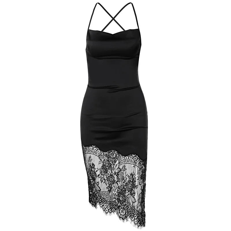 Cecelia Midnight Lace Asymmetry Sleeveless Midi Dress