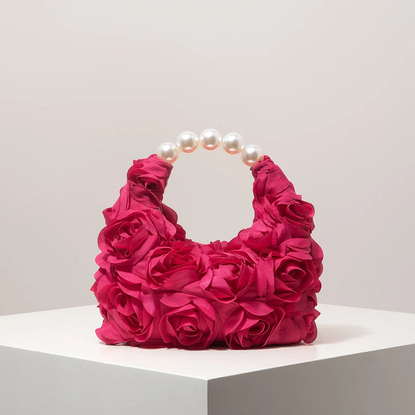 Rosalind Satin Rosette Pearl-Handle Half-Moon Evening Bag