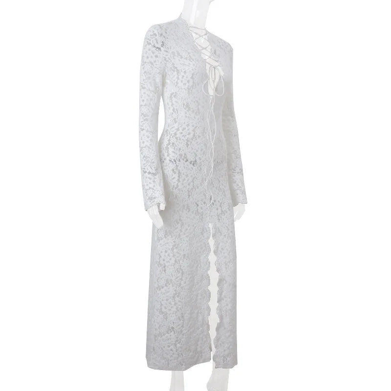 Vivienne Lace-Up Sheer Split Maxi Dress