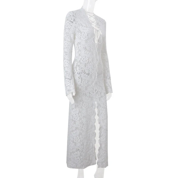Vivienne Lace-Up Sheer Split Maxi Dress