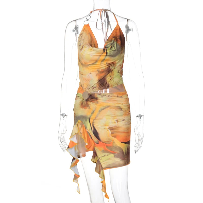 Eliana Scenery-Print Halter Ruffle Mini Dress