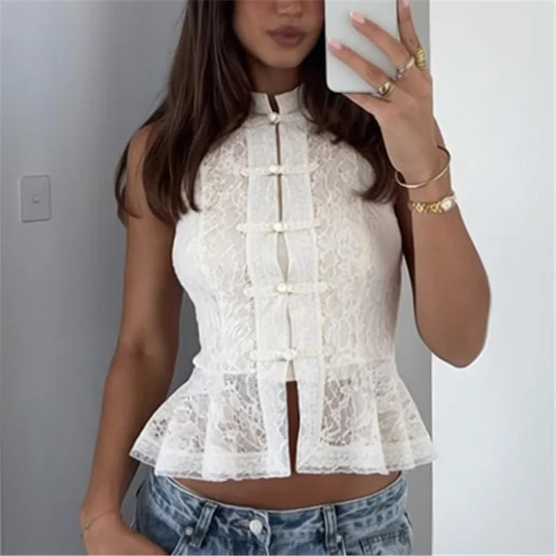 Mina Sheer Lace Mandarin Collar Peplum Top
