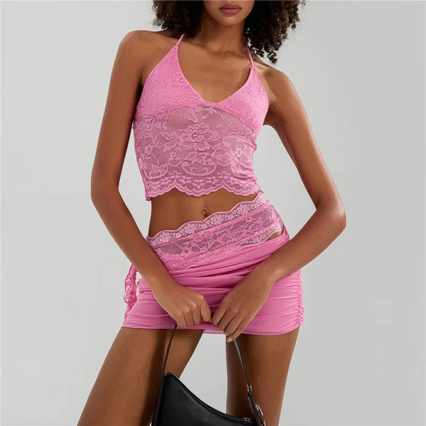 hirigin Sexy Lace Two Piece Set Women Outfit Halter Neck Backless Crop Top And Bodycon Mini Skirt Female Club Party Dress Sets