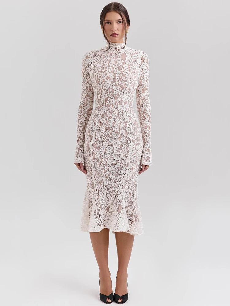Bianca Lace High-Neck Long-Sleeve Midi Dress