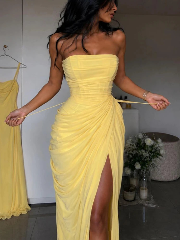 Elise Strapless Pleated Slit Maxi Dress