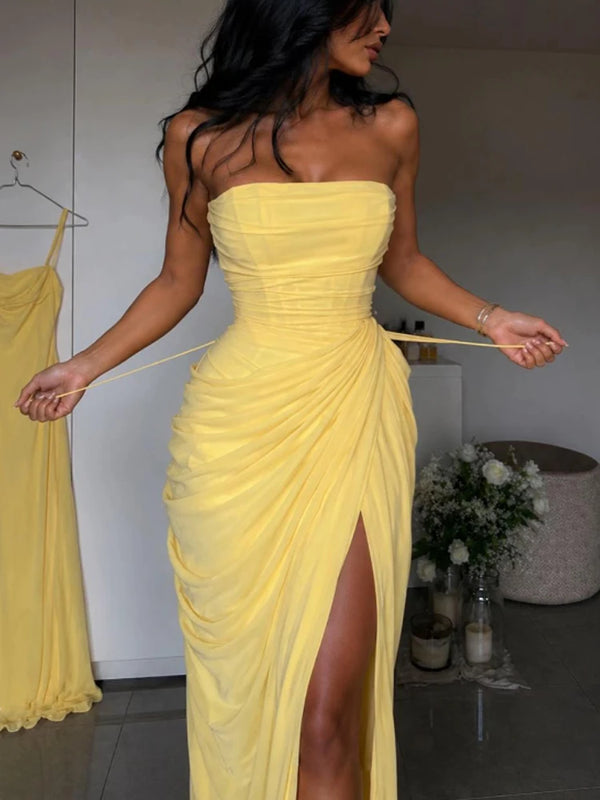 Elise Strapless Pleated Slit Maxi Dress