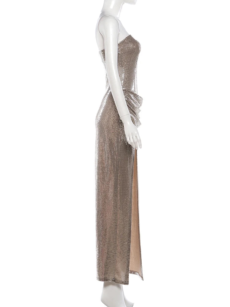 Theodosia Strapless Sequin Ruched Slit Maxi Gown