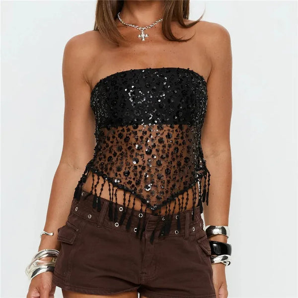 Raven Noir Sequin Mesh Festival Top One-piece