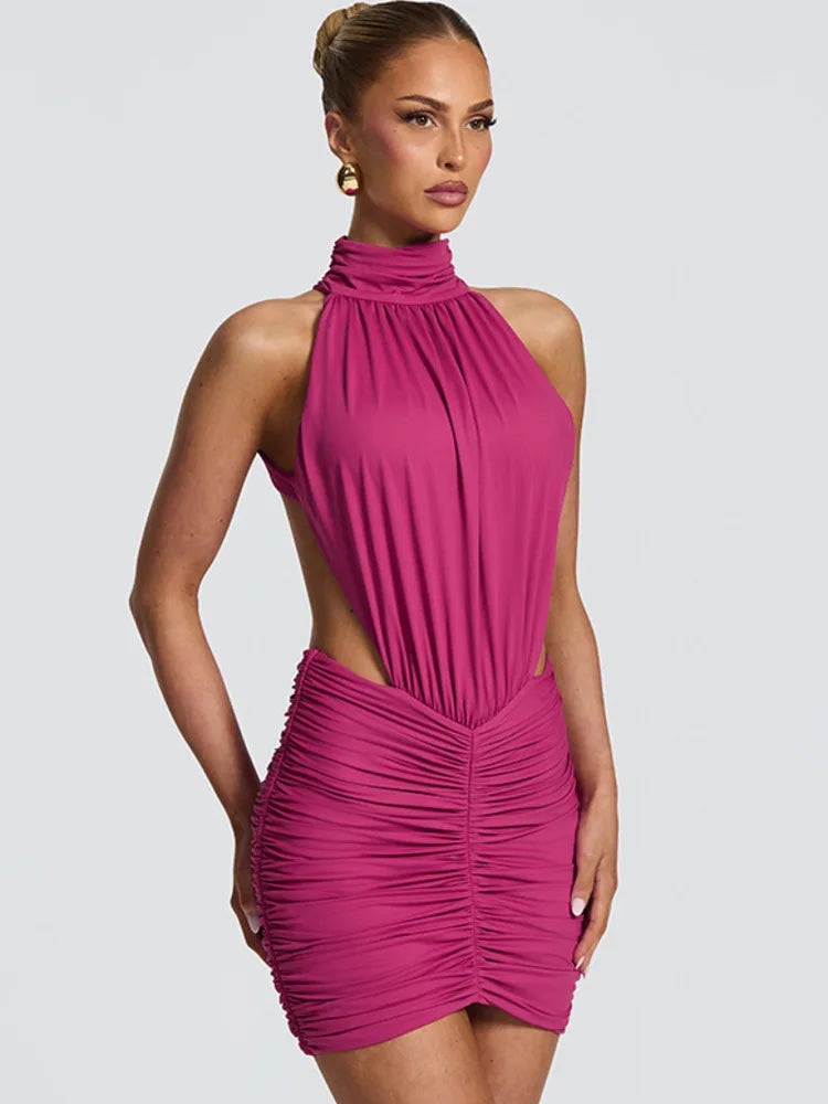 Marcella High-Neck Ruched Backless Mini Dress