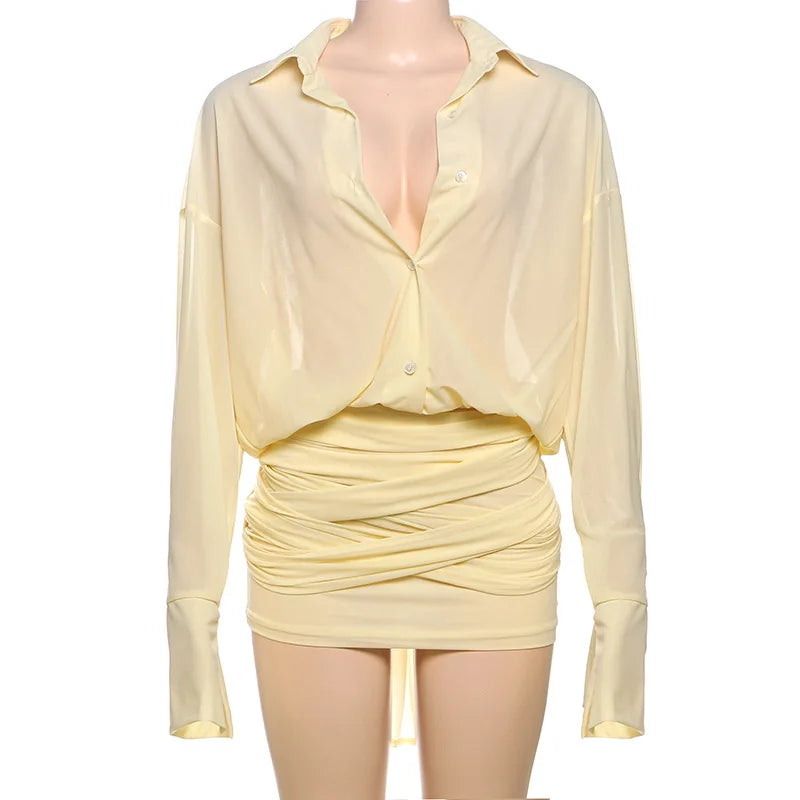 Camille Sheer Lapel Flare-Sleeve Ruched Mini Dress