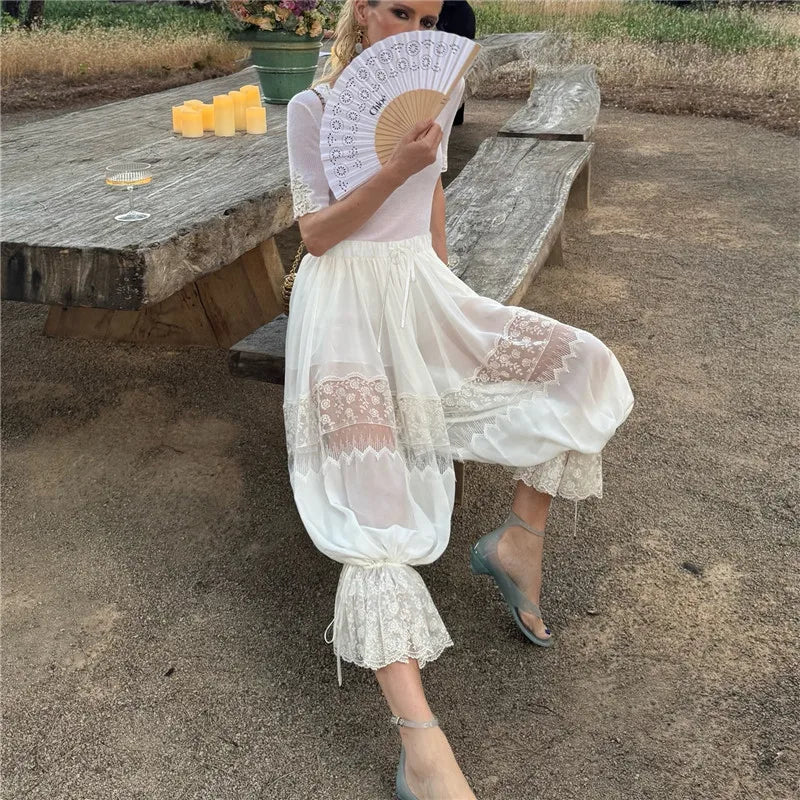 hirigin Women Long Lace Bloomers Casual Loose Fit Capris Stylish Solid Lace Floral Drawstring Mid Rise Crop Pants Y2K Streetwear