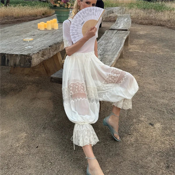 hirigin Women Long Lace Bloomers Casual Loose Fit Capris Stylish Solid Lace Floral Drawstring Mid Rise Crop Pants Y2K Streetwear