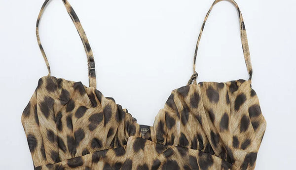 Teodora Leopard Ruched Cami Ruffle-Hem Mini Dress