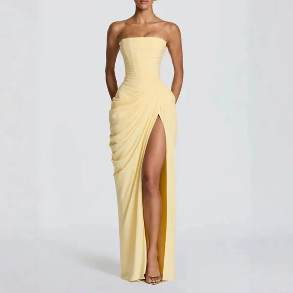 Elise Strapless Pleated Slit Maxi Dress