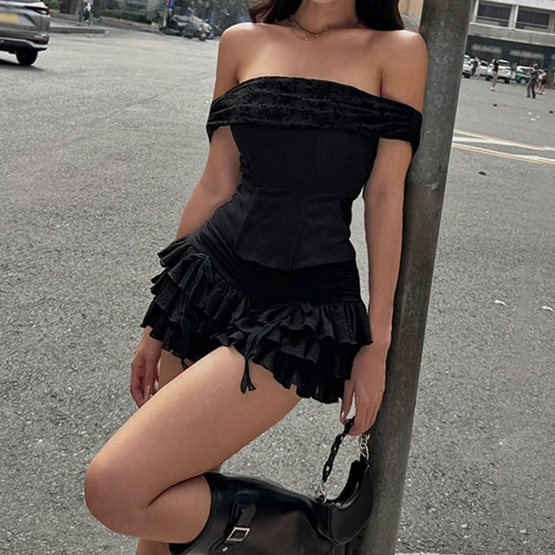 Women Kawaii 2 Piece Skirt Outfits Summer Sleeveless Off Shoulder Tube Crop Tops + Ruffles Tiered Lace Skirt Set Y2k Streetwear Secondary image