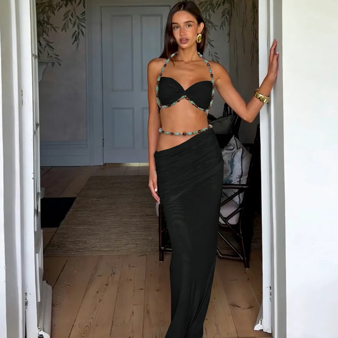 Jade Beaded Halter High-Low Maxi Skirt Set Two-piece