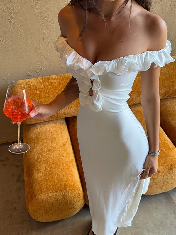 Isadora Cutout Off-Shoulder Ruffle Midi Dress