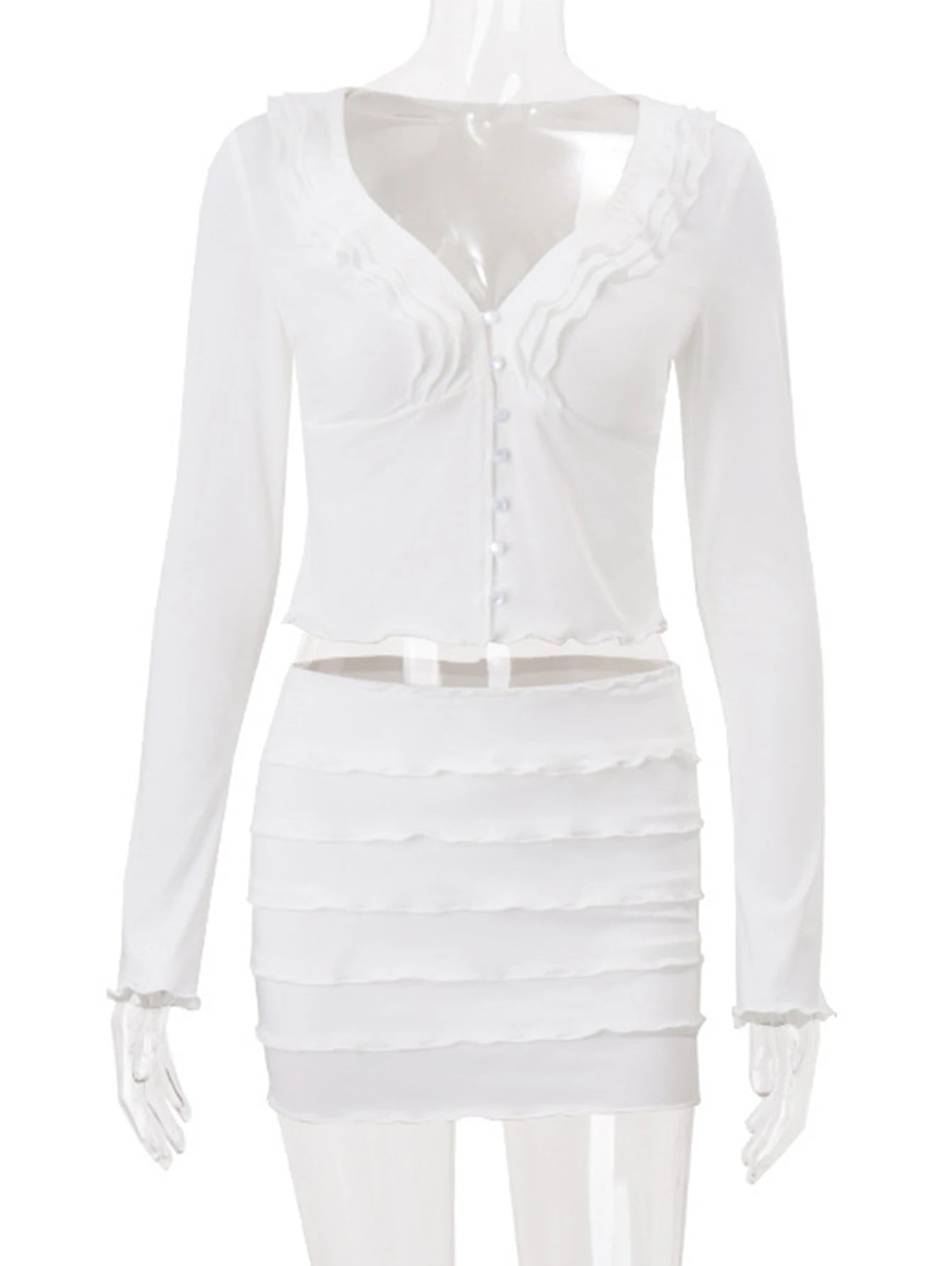 Ivette White Ruffle V-Neck Long-Sleeve Mini Dress