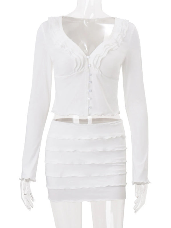 Ivette White Ruffle V-Neck Long-Sleeve Mini Dress