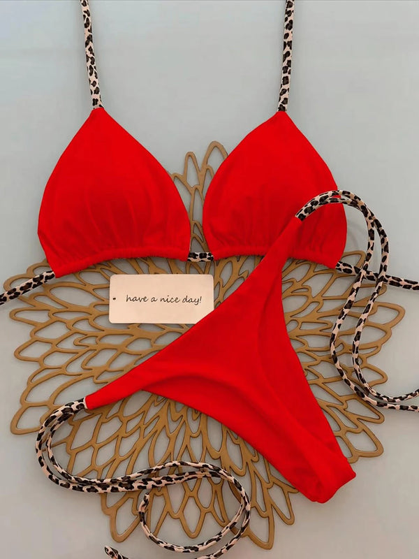 Women's Sexy Solid Halter Bikini Set Lace-Up Low Waist Two-Piece Triangle Thong Swimwear Leopard Tie On Side Brazilian Biquinis