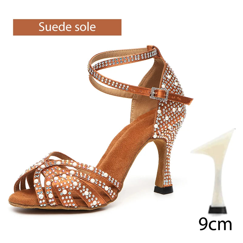 DKZSYIM Rhinestone Latin Dance Shoes Female Latin Salsa Girl Casual Shoes Black Bronze Skin Shiny Ballroom Dance Shoes Sandals