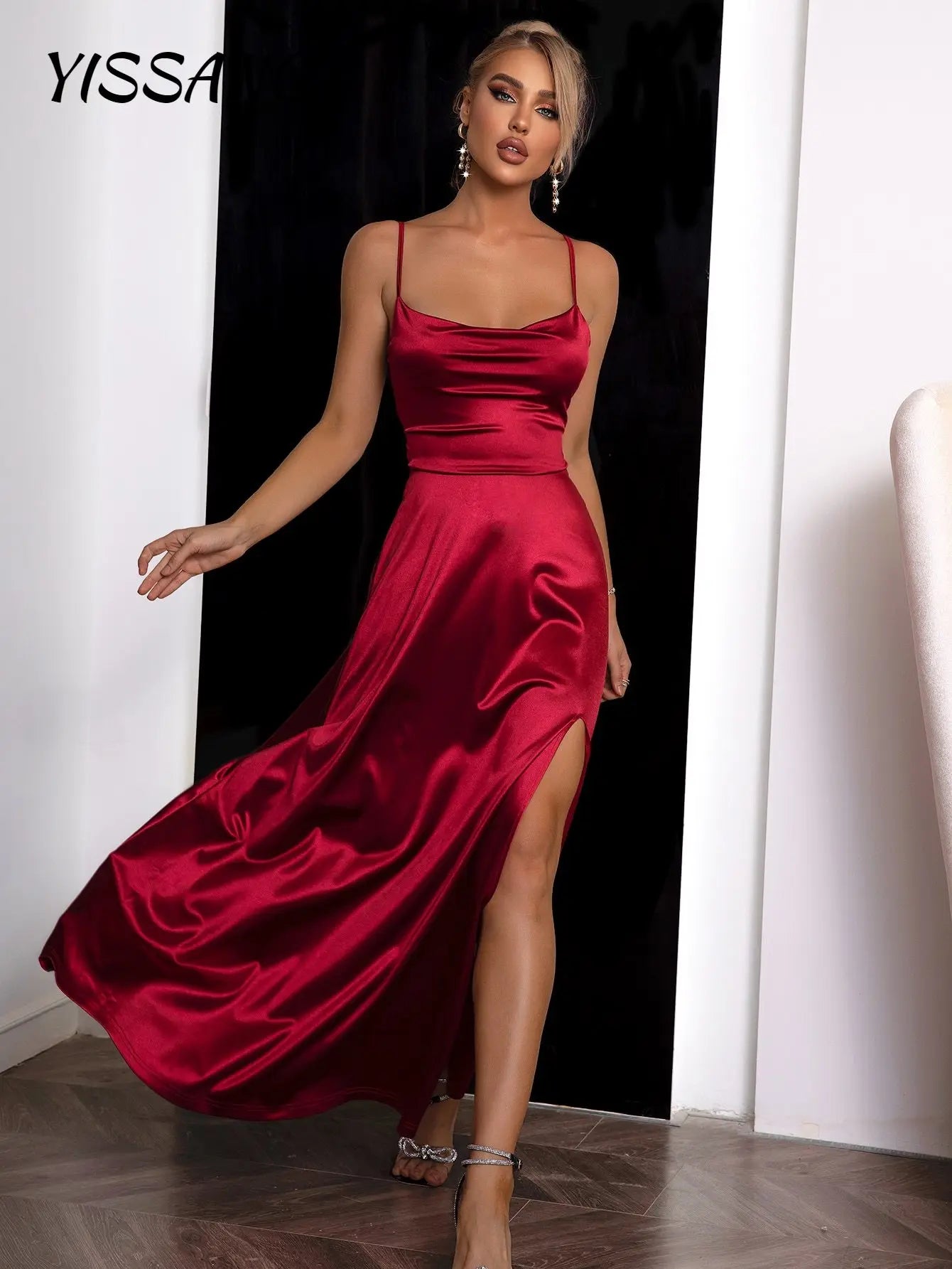 Yissang Lace Up Backless Split Thigh Draped Collar Cami Dress