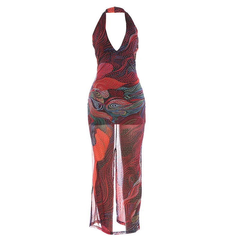 Aria Sunset Swirl Halter Mesh Maxi Dress