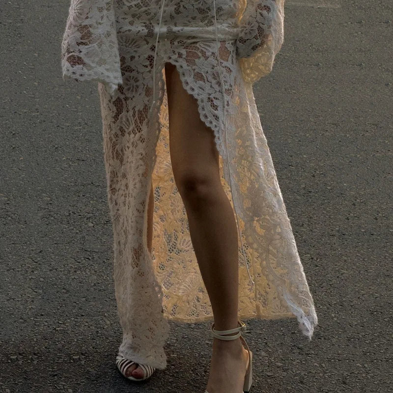 Vivienne Lace-Up Sheer Split Maxi Dress