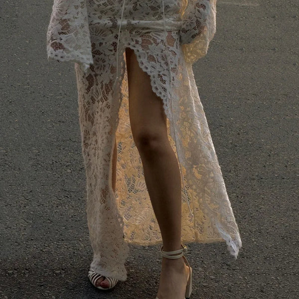 Vivienne Lace-Up Sheer Split Maxi Dress