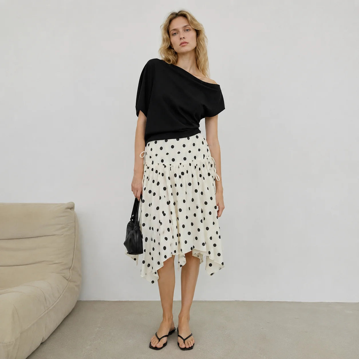 Women's Vintage Polka Dot Asymmetrical Hem Skirt White Black High Waist Drawstring Flowy Casual Midi Skirt Streetwear Secondary image